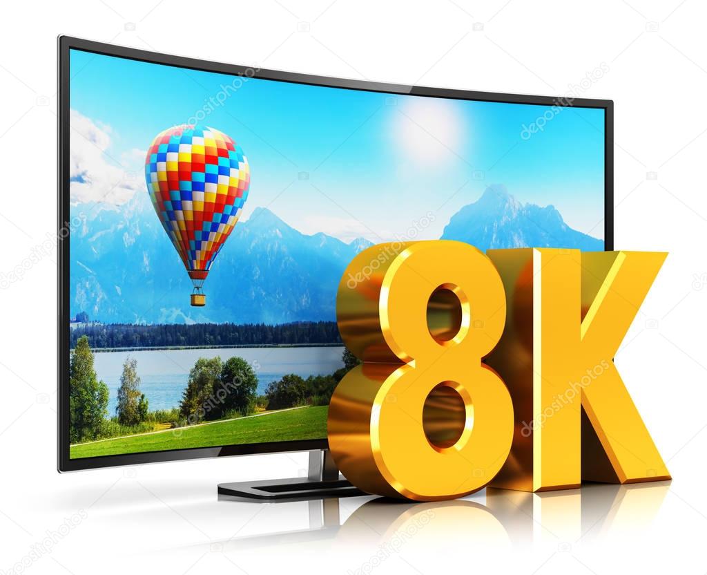 Creative abstract ultra high definition digital television screen technology concept: 3D render illustration of curved 8K UltraHD resolution TV cinema or computer PC monitor display isolated on white background with reflection effect