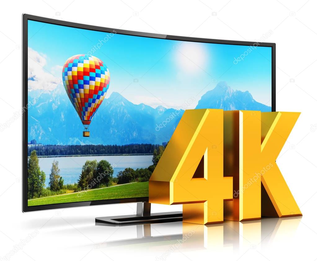 Creative abstract ultra high definition digital television screen technology concept: 3D render illustration of curved 4K UltraHD resolution TV cinema or computer PC monitor display isolated on white background with reflection effect