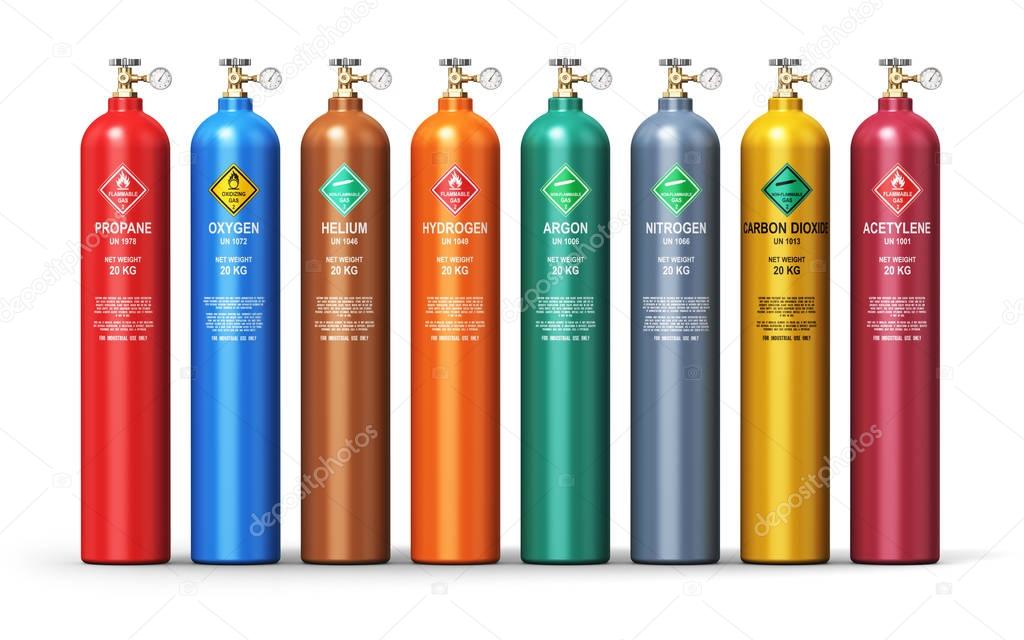 Set of different industrial liquefied gas containers