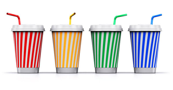 Set of color plastic or paper drink cups with straws