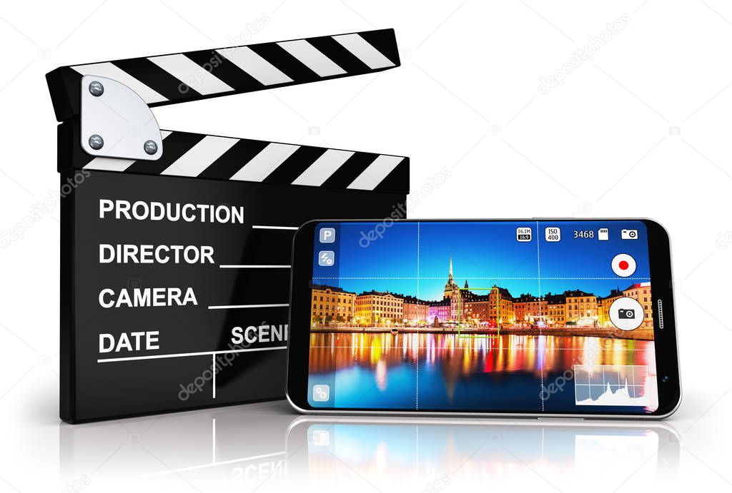 Smartphone with camera app and clapper board