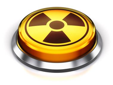 Atom bombası düğmesine nükleer radyasyon sembolü ile yuvarlak sarı