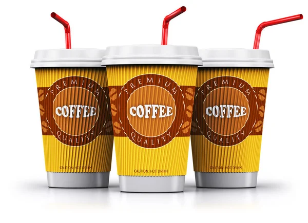 Reihe von Kaffeetassen aus Kunststoff oder Papier mit Strohhalmen — Stockfoto
