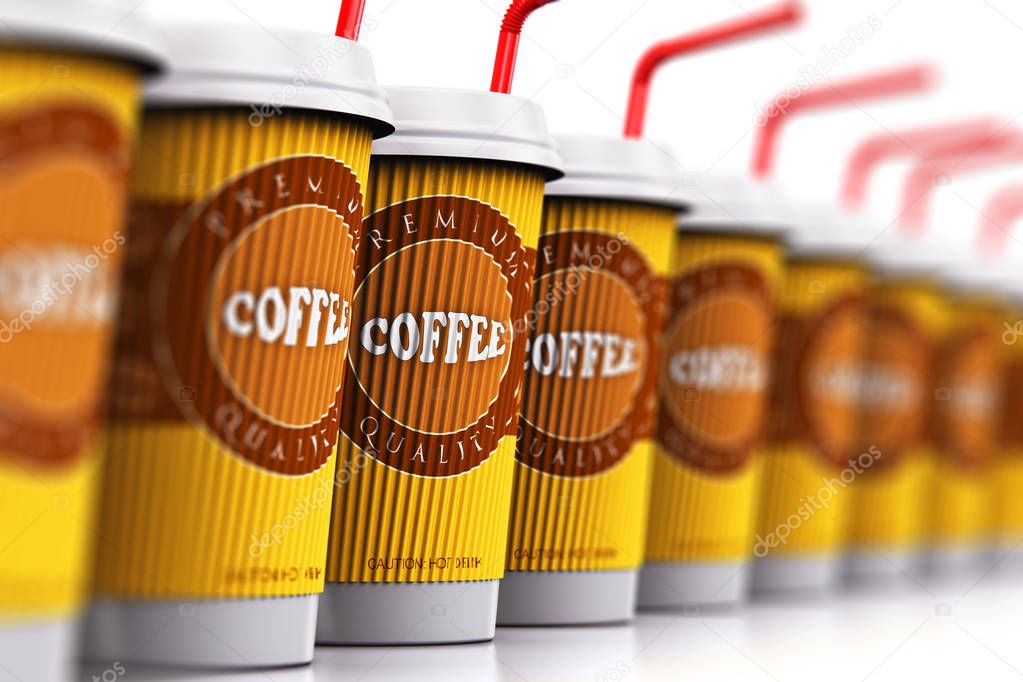 Row of plastic or paper coffee cups with straws