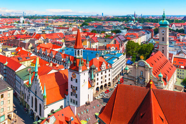 Scenic summer aerial panorama of the Old Town architecture of Munich, Bavaria, Germany
