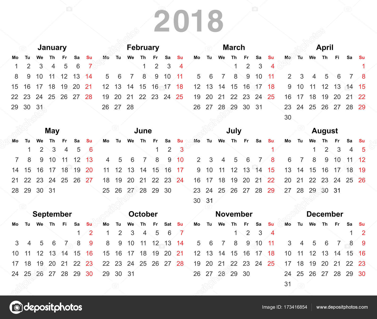 whole year calendar 2018