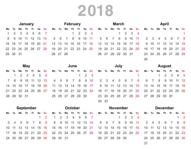 2018 yıl yıllık takvimi (Pazartesi ilk, İngilizce)