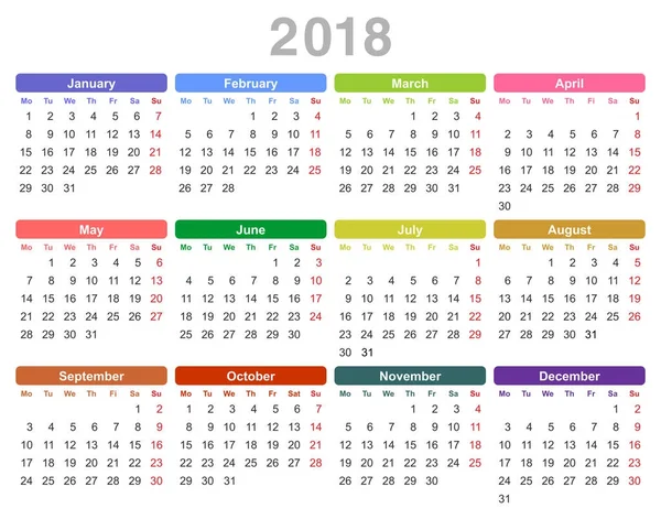 Calendario anual del año 2018 (Lunes primero, Inglés ) — Archivo Imágenes Vectoriales