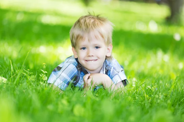 Mały chłopiec r. wypożyczony trawa w parku — Zdjęcie stockowe