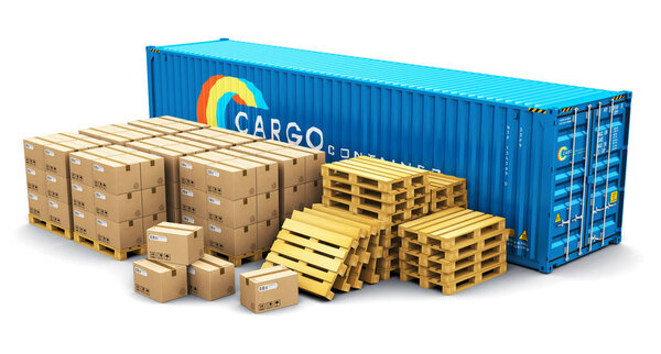 40 ft cargo container and shipping pallets with cardboard boxes