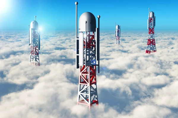 Bezdrátové telekomunikační věže na obloze nad mraky — Stock fotografie