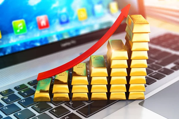 Staafdiagram van gouden blokken op laptop of notebook — Stockfoto