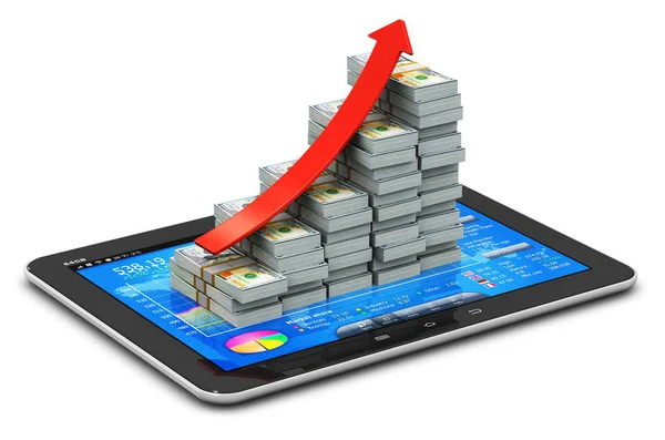 Growing bar graph from US dollars on tablet with stock exchange — Stock Photo, Image