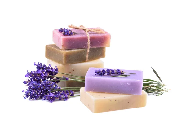 Natural Homemade Soaps Fresh Lavender Flowers Hygiene Coronavirus Prevention White — Stock Photo, Image