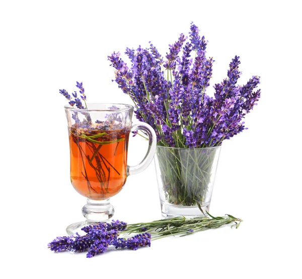 Glass Cup Black Tea Lavender Flowers Vase Isolated White Background — Stock Photo, Image