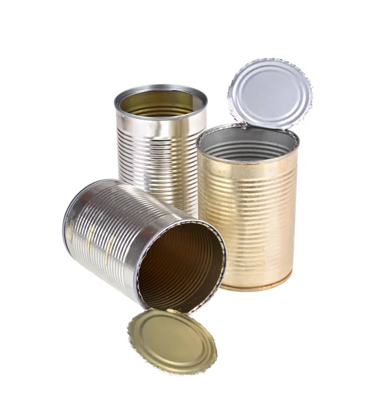 Três Latas Comida Aberta Isoladas Fundo Branco — Fotografia de Stock