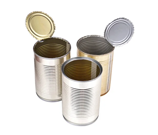 Três Latas Comida Aberta Isoladas Fundo Branco — Fotografia de Stock