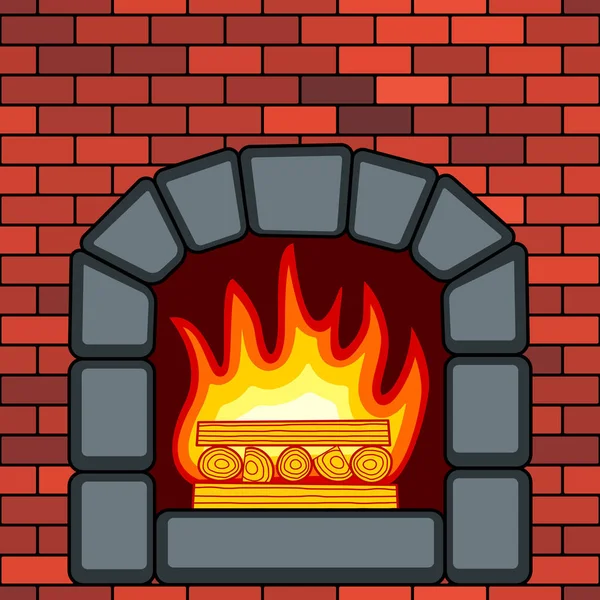 Stone fireplace in brick wall — Stock Vector