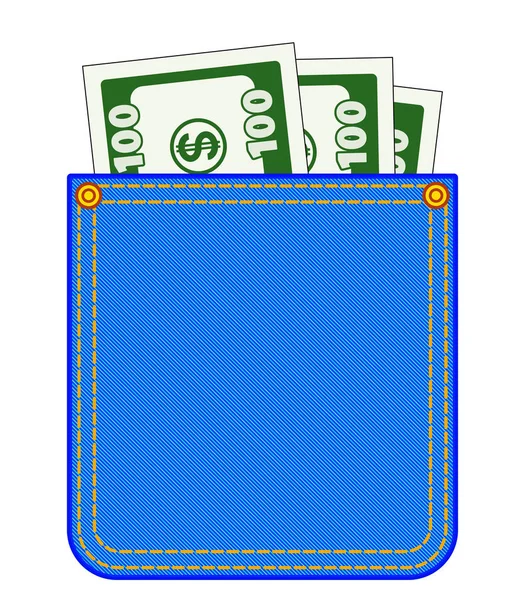 Bolsillo de mezclilla con dinero — Vector de stock
