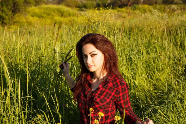 年轻漂亮的女人在绿色的原野 — 图库照片