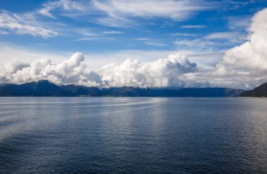 Fiyort ve Norveç'te dağ manzara.