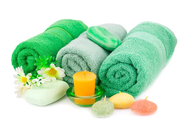 Spa Set Towels Candles Soaps Flowers Isolated White Background — Stock Photo, Image