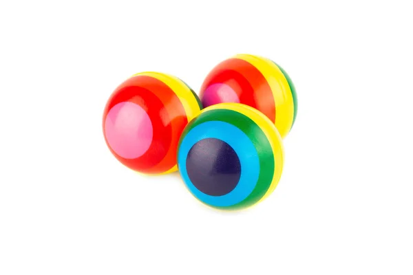 Tre Palline Gomma Strisce Colorate Isolate Sfondo Bianco — Foto Stock