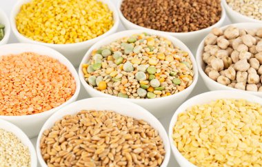 Beyaz seramik kaselerdeki farklı Groats koleksiyonu. Bezelye, renkli mercimek, karabuğday, buğday, kinoa, nohut.