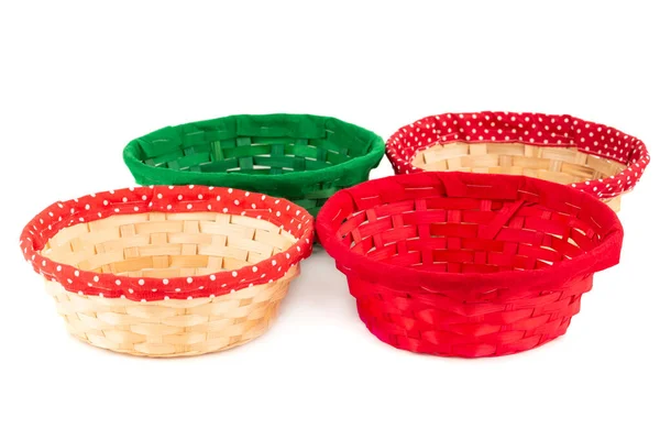 Four Colorful Empty Wicker Baskets Isolated White Background — Stock Photo, Image