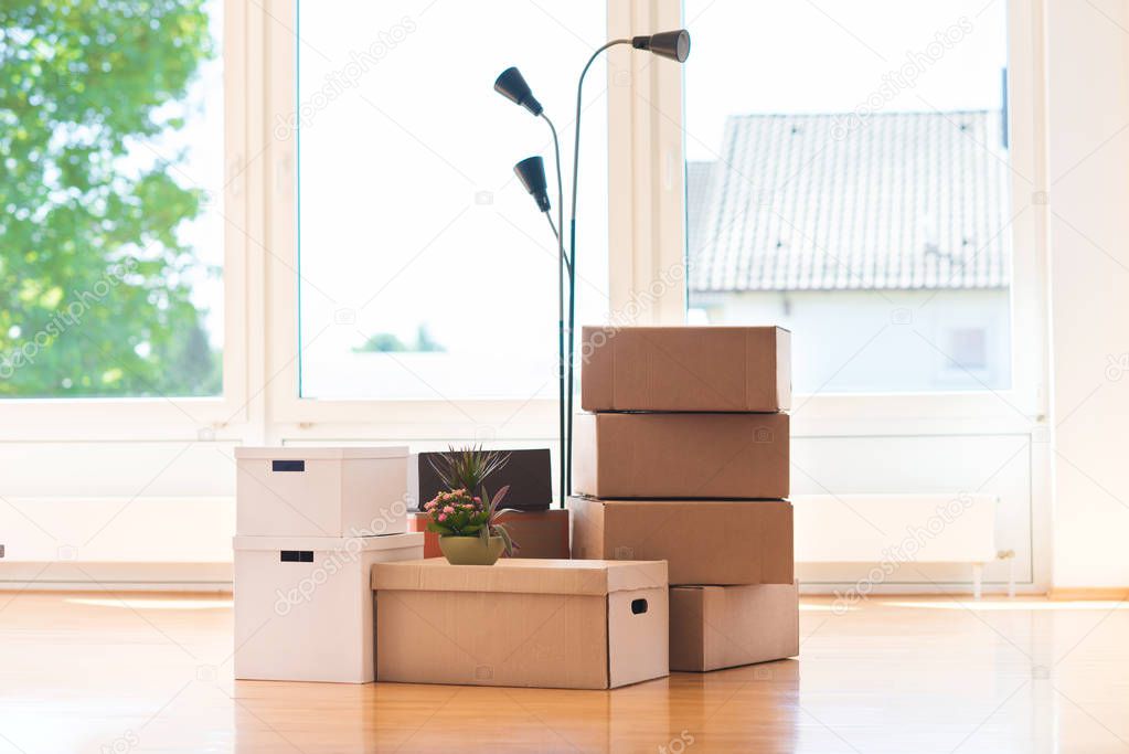 Many cardboard boxes in bright house during relocation