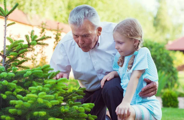 Grandfather with his little blonde grandchild having fun togethe — Stock Photo, Image