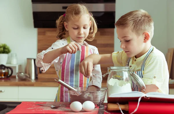 Porträt zweier glücklicher Kinder, die Spaß beim Kochen haben — Stockfoto