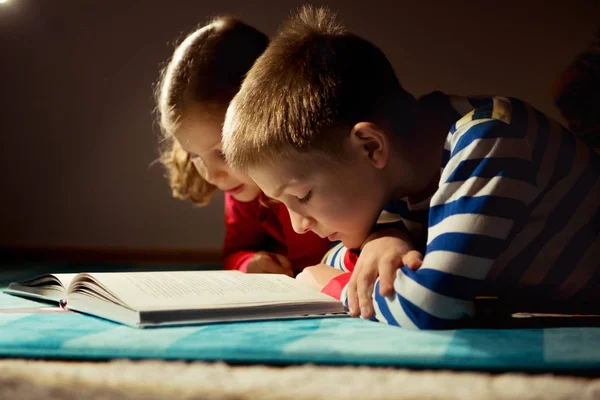 Dois irmãos felizes lendo livro na escuridão com lanterna em h — Fotografia de Stock