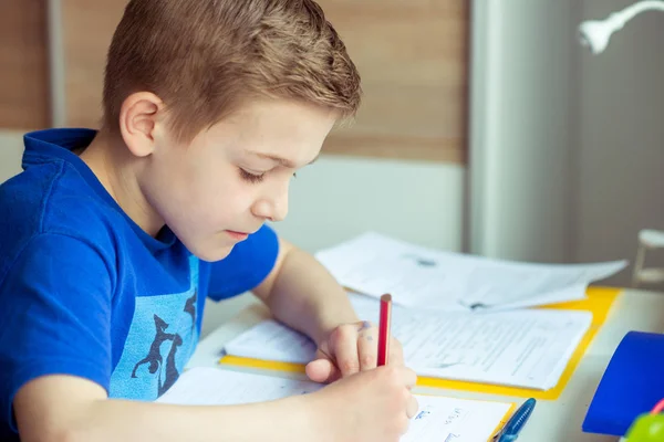 Inteligente chico hace la tarea en su habitación — Foto de Stock