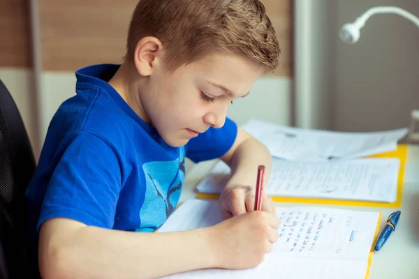 Inteligente chico hace la tarea en su habitación — Foto de Stock