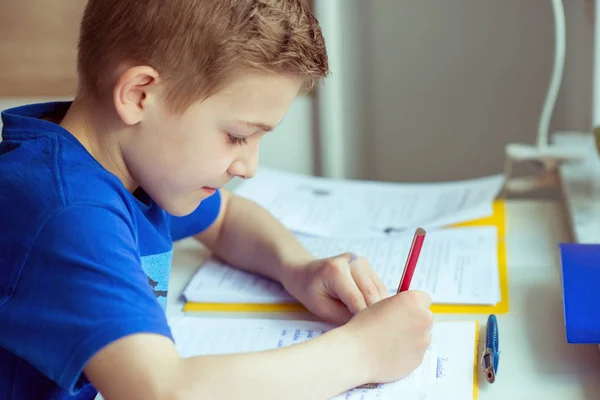 聪明的男孩在他的房间做家庭作业 — 图库照片