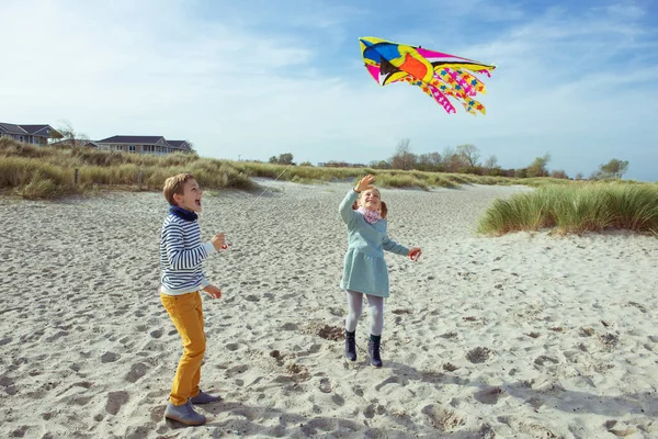 Glückliche Geschwister Kinder laufen und haben Spaß mit Drachen auf Beac — Stockfoto