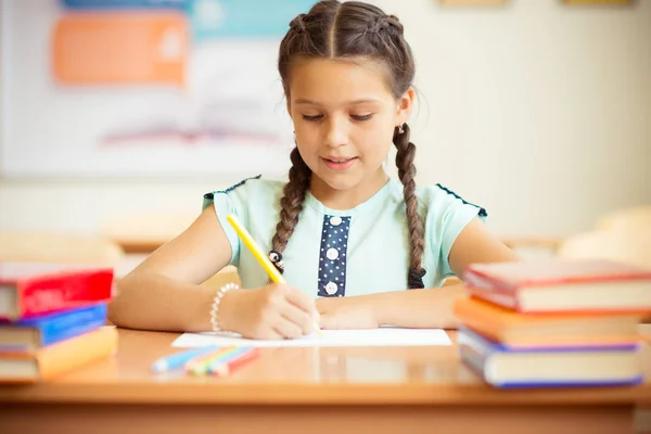 Portrait of pretty schoolgirl sitting at desk with many books in — ストック写真