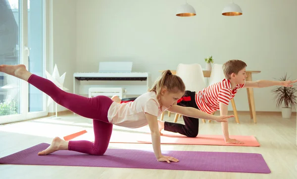 Gelukkig Broers Zussen Kinderen Maken Yoga Thuis Afstoffen Coronavirus Quarantaine — Stockfoto