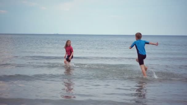 ビーチで実行され 波と砂で遊ぶネオプレン水着で2人の幸せな子供のスローモーションビデオ — ストック動画