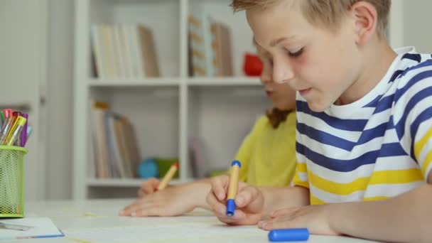 两个可爱的学童在家里一起做作业 — 图库视频影像