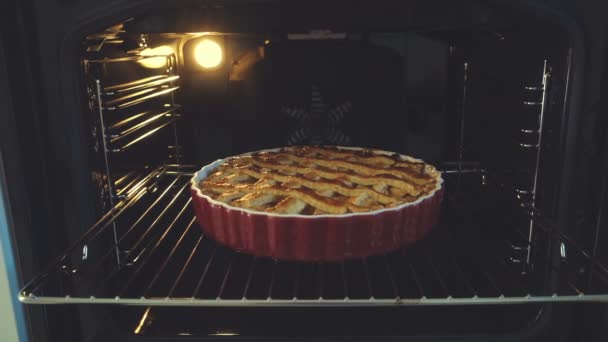 Video Fresh Baked Golden Apple Pie Red Dish Hot Oven — Stock Video