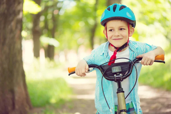 Cute Little Boy Helmet Bike Forest — Stock Photo, Image