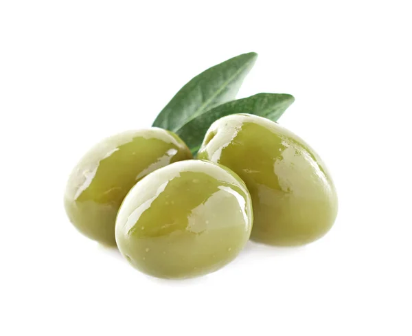 Green olives with leaf — Stock Photo, Image