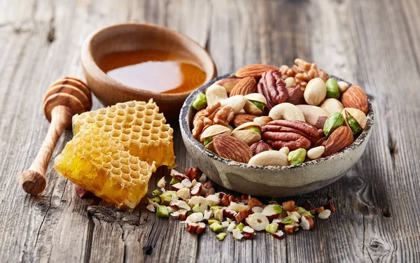 Mix Nuts Honeycombs Honey Wooden Background — Stock Photo, Image