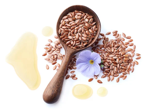 Flax Seeds Drop Oil White Background — Stock Photo, Image