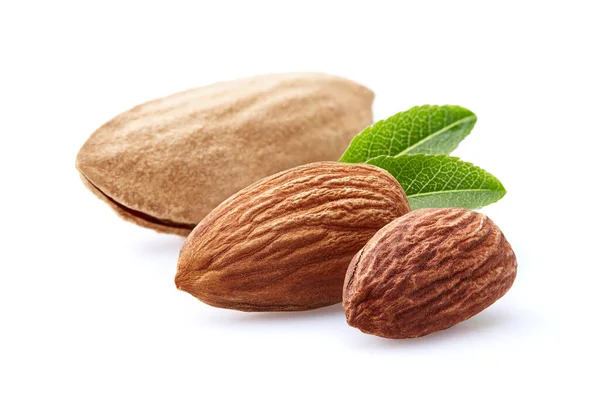 Amandes Noix Avec Feuilles Sur Blanc — Photo