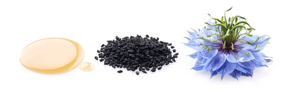 Black Cumin Oil Black Cumin Seeds Nigella Sativa Flower — Stock Photo, Image