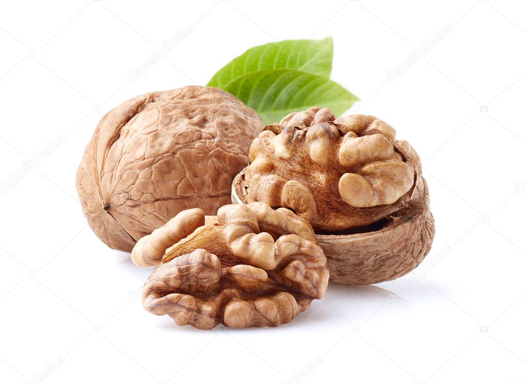 Walnuts with leaves in closeup