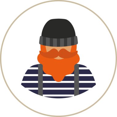 balıkçı/gemici Icon - içinde bir yelek ve tulum (tulum) sakallı bıyıklı bir adam düz ve şapka örgü. Kartı, poster, afiş, web tasarım için şablon